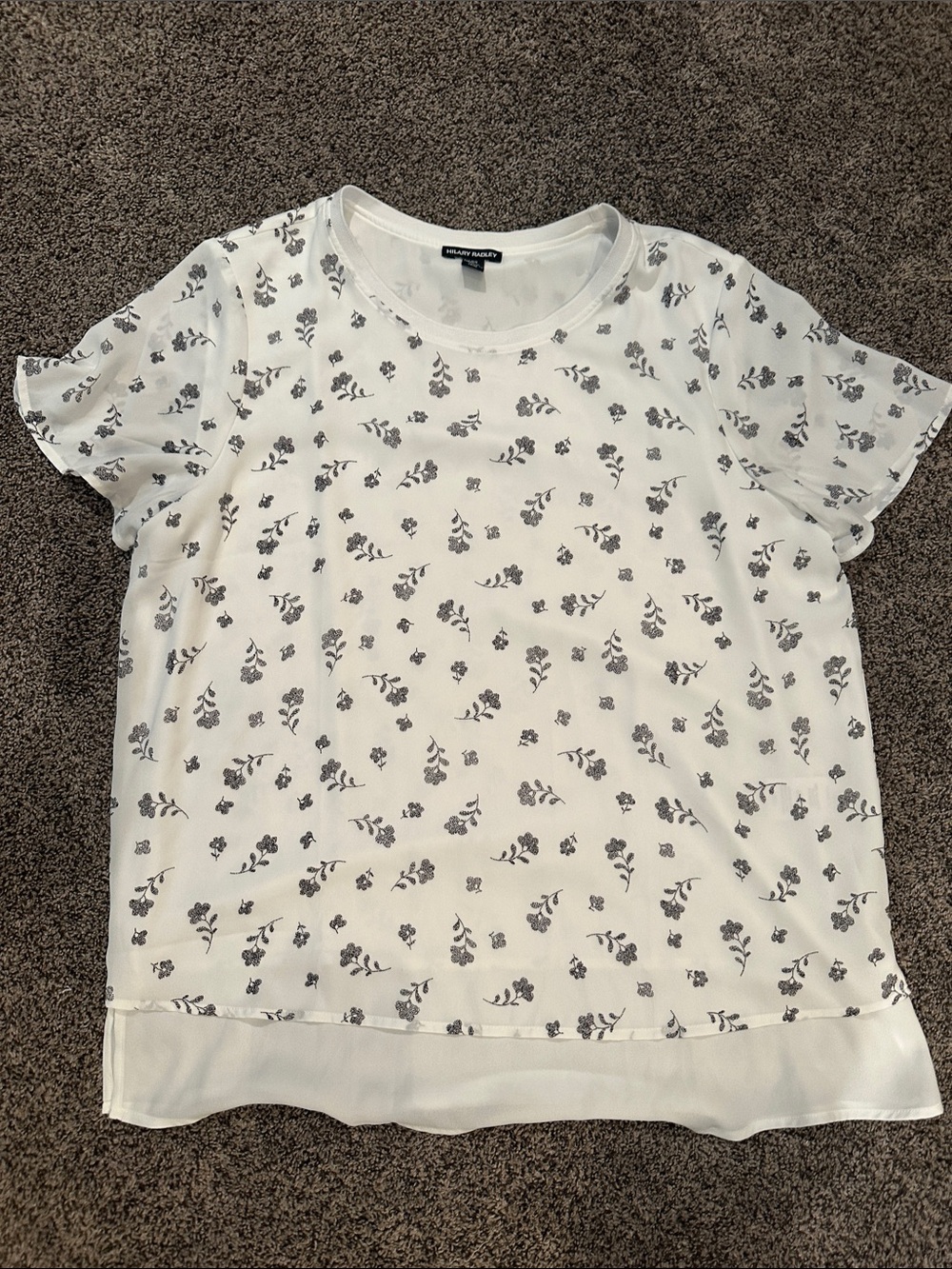 Hilary Radley White Blouse with Black Floral Print Size L.